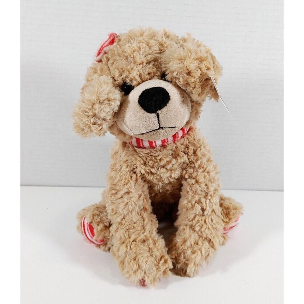 Petting  Zoo Dog Plush w/Red Stripe Bow & Collar Stuffed Animal 14" brown
